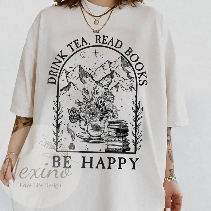 Drink Tea Read Books Be Happy  Shirt, Librarian Short Sleeve Unisex Cotton Short Sleeve Tshirt