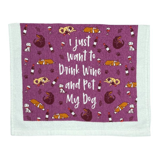 Drink Wine And Pet My Dog Funny Drinking Puppy Lover Tea Towel Funny Dish Towels Soft Adsorbent Tea Towel