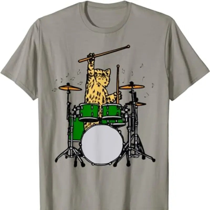 Drummer Cat Music Lover Musician Playing The Drums T-Shirt T-Shirt Menswear Top Underwear Tshirt Streetwear Tropical