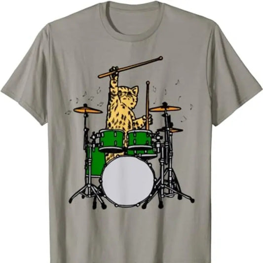 Drummer Cat Music Lover Musician Playing The Drums T-Shirt T-Shirt Menswear Top Underwear Tshirt Streetwear Tropical
