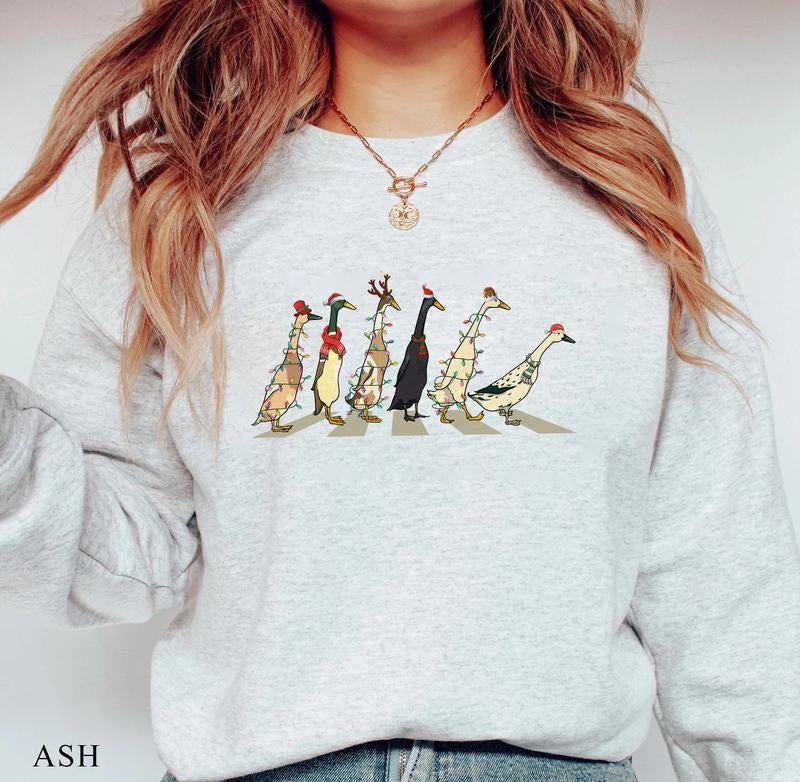Ducks Christmas Light Sweatshirt, Santa Ducks Merry Christmas Shirt, Duck Lover Xmas Hoodie, Funny Duck Christmas Holiday Shirt Cotton Long Sleeve