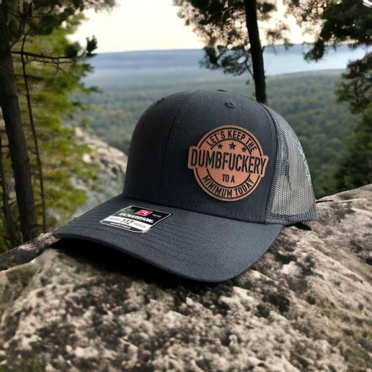 Dumbfuckery Trucker Hat with Rawhide Leather Patch | Hat Trend | Dad Hat | Funny Trucker Hat | Funny Hats for Men