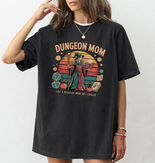 Dungeon Mom T-Shirt, Wizard Retro Sunset Mothers Day Shirt, Funny RPG Gamer Tee, DnD Gift for Moms, Tabletop Gaming Shirt, Fantasy Mom Shirt