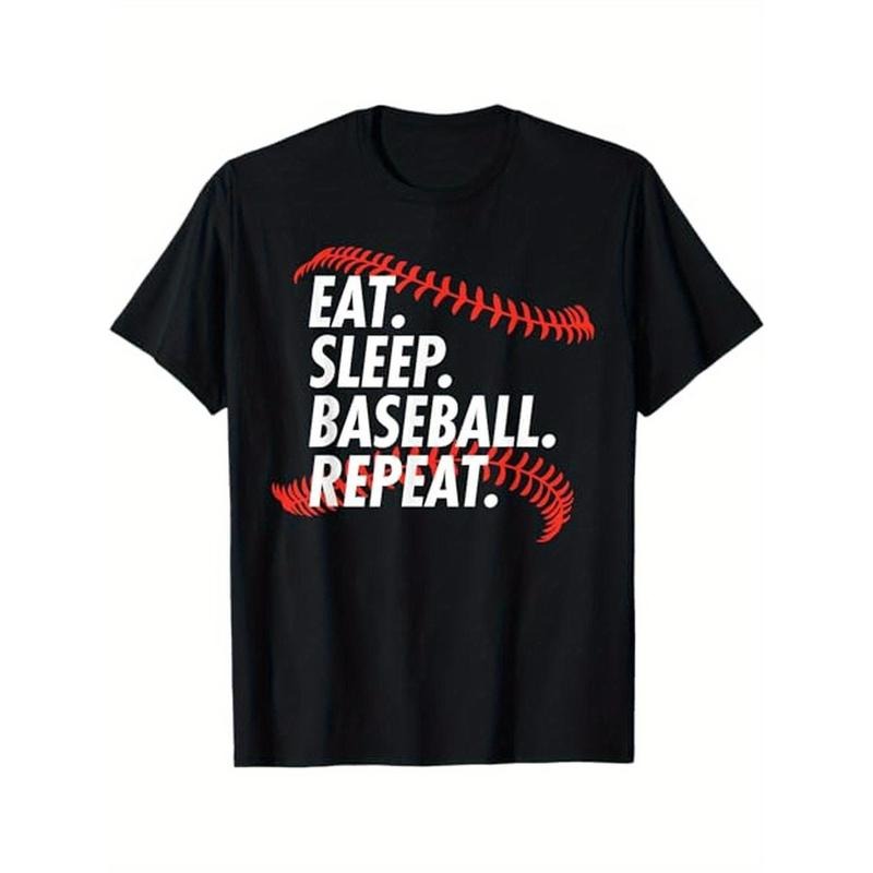 EAT SLEEP BASEBALL REPEAT - Funny Baseball T-Shirt, 100% Cotton, Gifts for Men Dad Husband Grandpa, S-XXXL, Black made in usa