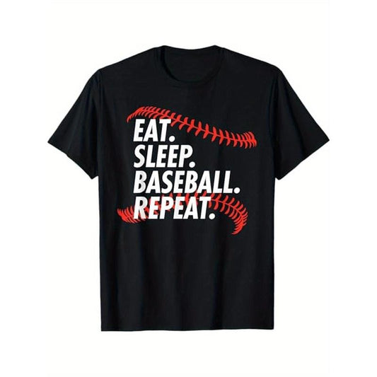 EAT SLEEP BASEBALL REPEAT - Funny Baseball T-Shirt, 100% Cotton, Gifts for Men Dad Husband Grandpa, S-XXXL, Black made in usa