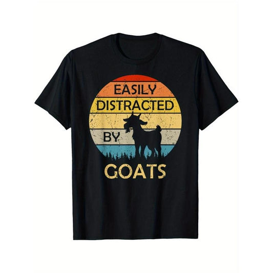 Easily Distracted By Goats Retro Vintage Funny Goat Lover T-Shirt Man Short Sleeve Cotton Crew Neck Ultra Soft, Breathable, Moisture Wicking, Casual Comfortable Top Streetwear Fashion Casual Summer Tee Crew Neck Short Sleeve T-Shirt made in usa