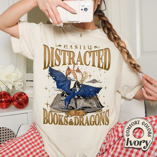 Easily Distracted by Dragon and Books Shirt, Dragon Book Shirt, Romantasy Book Shirt, Iron Flame Shirt,Dragons Fantasy Reader