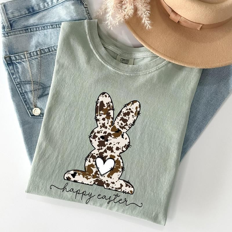 Easter Bunny, Happy Easter Rabbit, Cow Print Comfort Colors Tshirt, Women's Crew Neck, Crewneck
