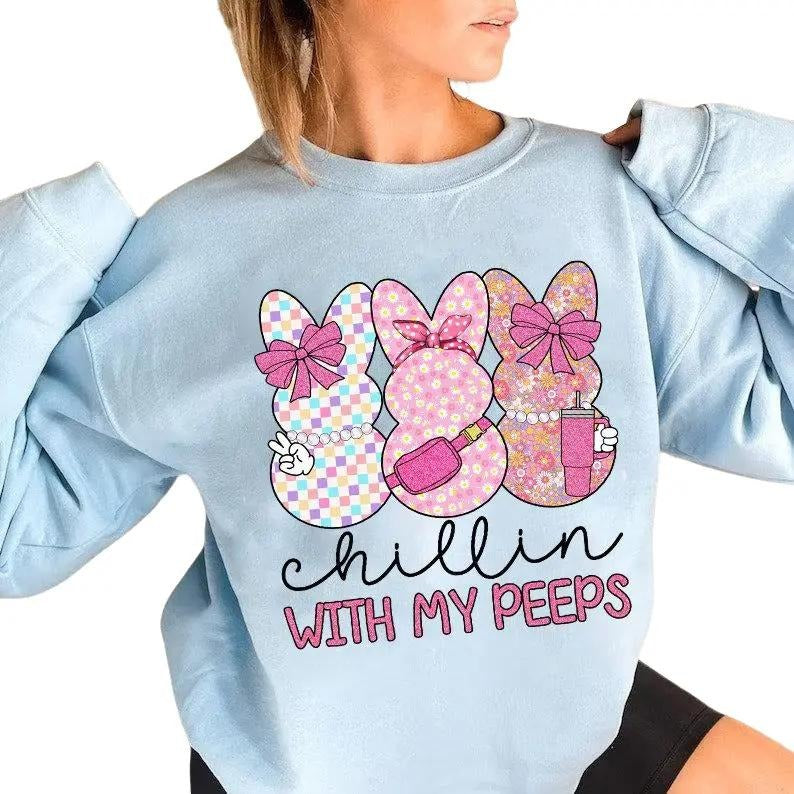 Easter Chilling With My Peeps Bunny Sweatshirt, Boojee Easter Tumbler Belt Bag Inspired Faux Sequin Sparkle Shirt Sweater, Gifts For Her Him, Happy Easter Shirt, Easter Presents Sweater, Long Sleeve Crewneck Shirt