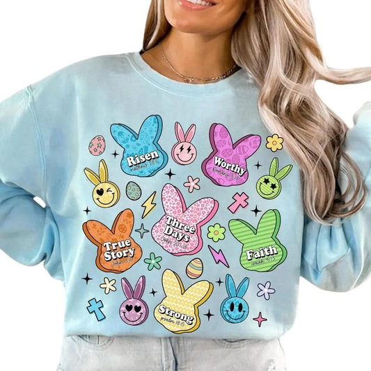 Easter Christian, Leopard Easter Bunny, Jesus Easter, Retro Easter, Happy Easter Day, Risen Doodle, Retro Easter Sweatshirt, Gifts For Family Friends, Easter Shirt, Easter Day Gift Sweater, Long Sleeve Crewneck Shirt Fit Unisex