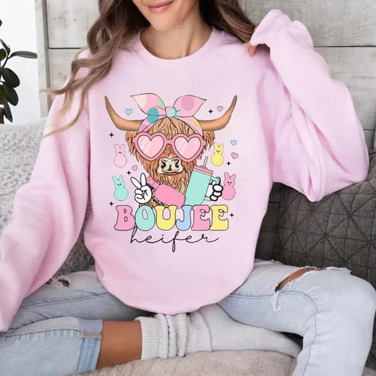 Easter Highland Cow Boujee Heifer Sweatshirt, Glitter Sparkle Easter Sweatshirt, Easter Heifer Shirt, Funny Highland Cow Sweatshirt