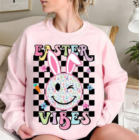 Easter Vibes Smiley Face Sweatshirt, Easter Bunny Shirt, Leopard Smiley Bunny Sweatshirt, Cute Retro Easter \bSweater, Gifts For Her Him, Easter Peeps Shirt, Easter Gifts For Women Sweater, Long Sleeve Crewneck Shirt