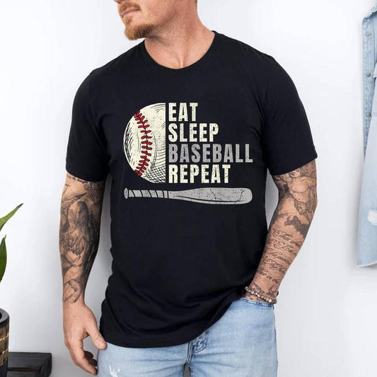 Eat Sleep Baseball Repeat Funny Baseball Player T-Shirt | 100% Cotton Tee, Top Menswear