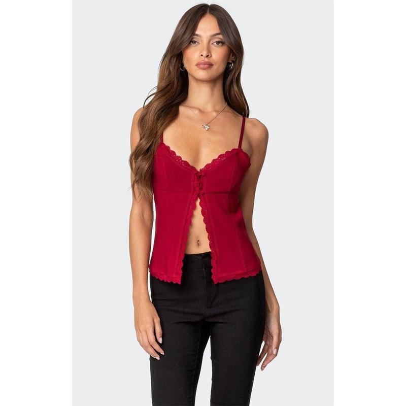 Edikted Women's Crimson Lacey Split Front Top