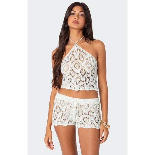 Edikted Women's Peach Open Crochet Top