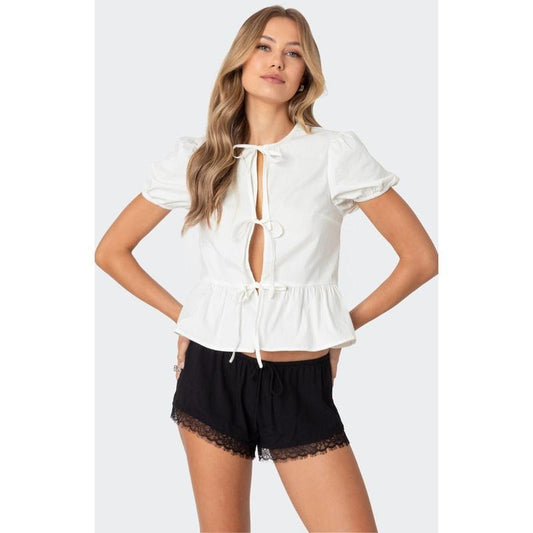 Edikted Women's Puffed Sleeve Tie Front Top
