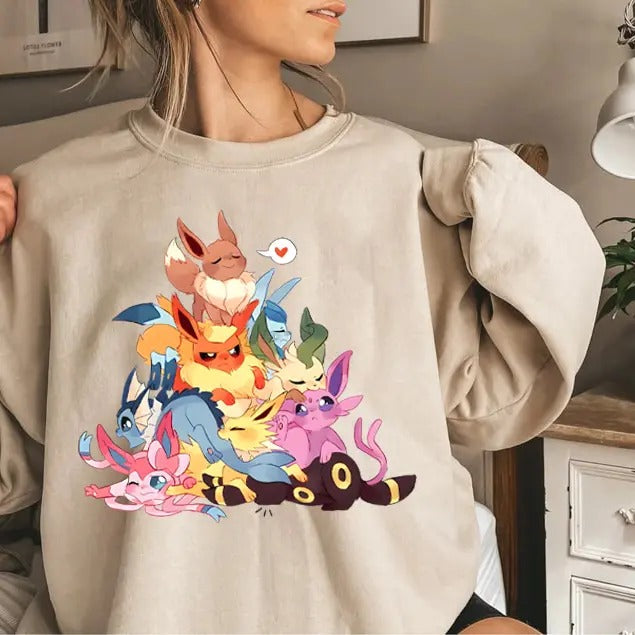 Eevee Eeveelution Sweatshirt - Slyveon, Umbreon, Espeon, Flareon, Vintage Anime Design, Blend, Comfortable Fit, Gift for Anime Lovers