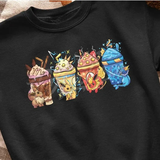 Eevee Eeveelution tee, Coffee Sweatshirt hoodie Graphic T-shirt, Slyveon, Umbreon, Espeon, Flareon Anime, Menswear Top, Womenswear Top