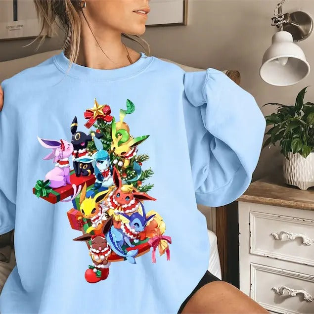 Eevee Evolutions Christmas Sweatshirt Hoodie, PKM Christmas Sweater, Eevee Xmas Sweater, Sylveon, umbreon, Espeon, Flareon Anime, Anime Sweatshirt, Cozy Gaming Apparel, Christmas Eevee Shirt, Eevee Evolutions Xmas Sweater