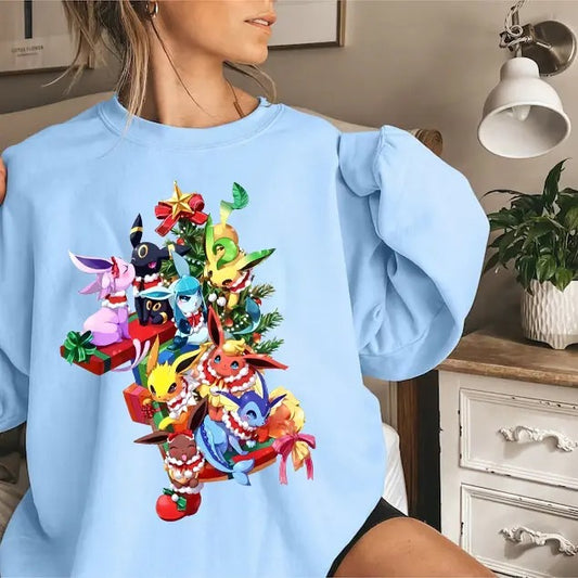 Eevee Evolutions Christmas Sweatshirt Hoodie, PKM Christmas Sweater, Eevee Xmas Sweater, Sylveon, umbreon, Espeon, Flareon Anime, Anime Sweatshirt, Cozy Gaming Apparel, Christmas Eevee Shirt, Eevee Evolutions Xmas Sweater