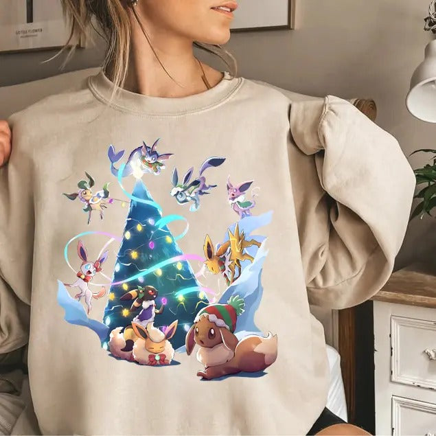 Eevee Evolutions Christmas Sweatshirt, Eevee Xmas Sweater, Sylveon, umbreon, Espeon, Flareon Anime, Anime Sweatshirt, Christmas Eevee Shirt