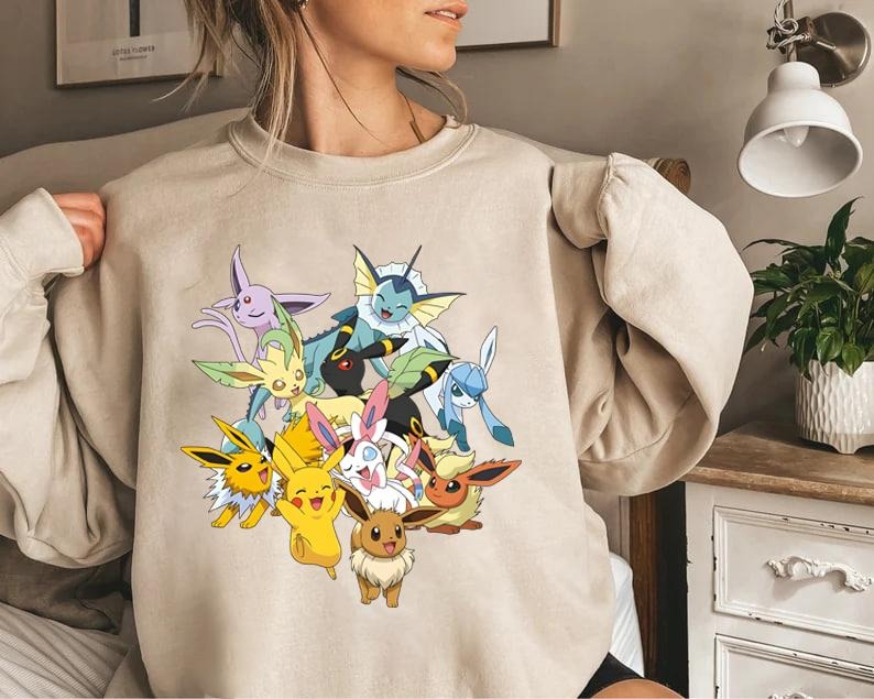 Eevee Evolutions Shirt, Eevee Eeveelution Sweatshirt, Eevee Pokemon Shirt, Slyveon, umbreon, Espeon, Flareon Anime, Anime Sweater, Pokemon Animestyle{n002}5
