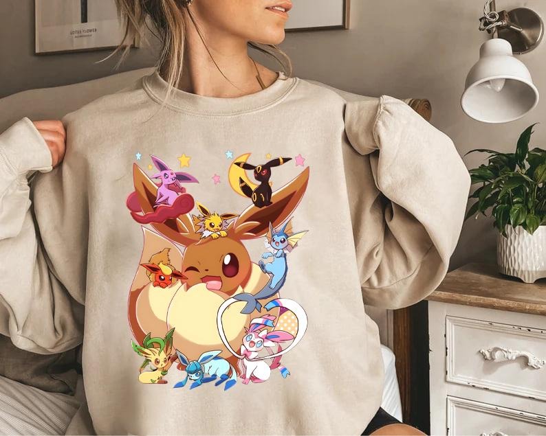 Eevee Evolutions Shirt, Eevee Eeveelution Sweatshirt, Eevee Pokemon Shirt, Slyveon, umbreon, Espeon, Flareon Anime, Anime Sweater, Pokemon Animestyle{n002}6