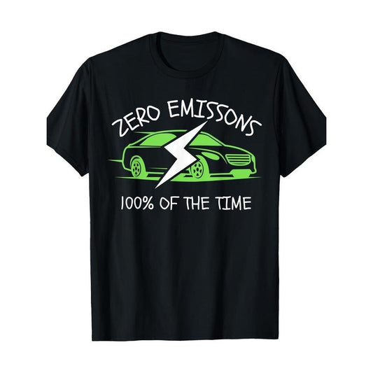 Electric Vehicle Enthusiast T-Shirt, 100% Cotton, Crew Neck, Short Sleeve, Regular Fit, Knit Fabric, Slight Stretch, with Zero Emissions Graphic, for Casual Weekend Wear, All-Season Made in USA