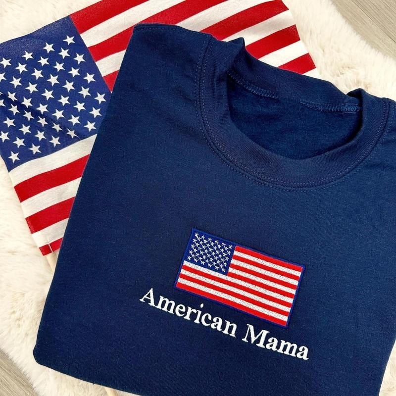 Embroidered 'American Mama' USA Patriotic Flag Sweatshirt