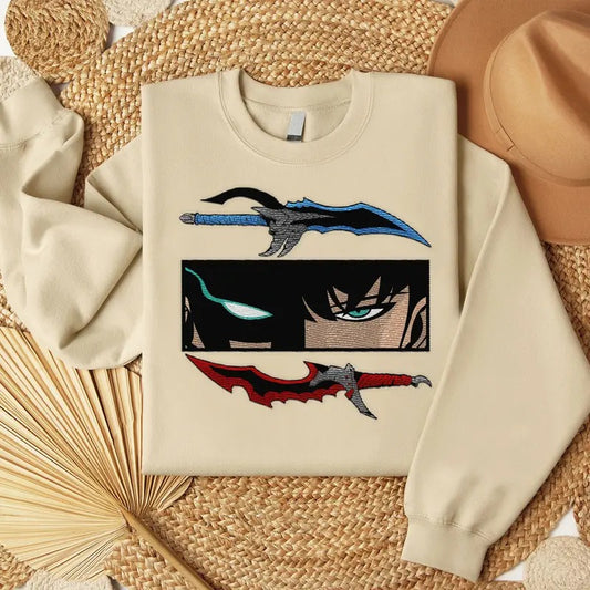 Embroidered Anime Sweatshirt, I Alone Level Up-Inspired Design, Monarch of Shadows Embroidered Sweater, Double Dungeon Embroidered Shirt