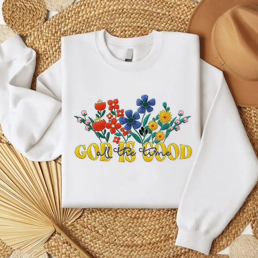 Embroidered God is Good Wildflower Sweatshirt, Botany Embroidered Hoodie, Cottage Core Embroidery T-shirt, Crew Neck Sweatshirt