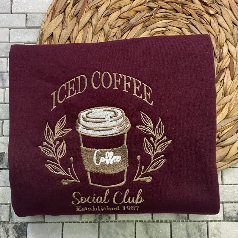 Embroidered Iced Coffee Social Club Sweatshirt - Iced Coffee Please - Latte Lover Iced Coffee Crewneck