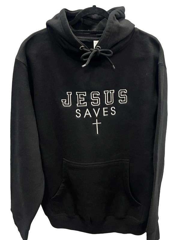 Embroidered Jesus Saves Simple Cross Logo Christian Faith Hope Love Fleece Hoodie Pullover with Front Pocket and Drawstrings
