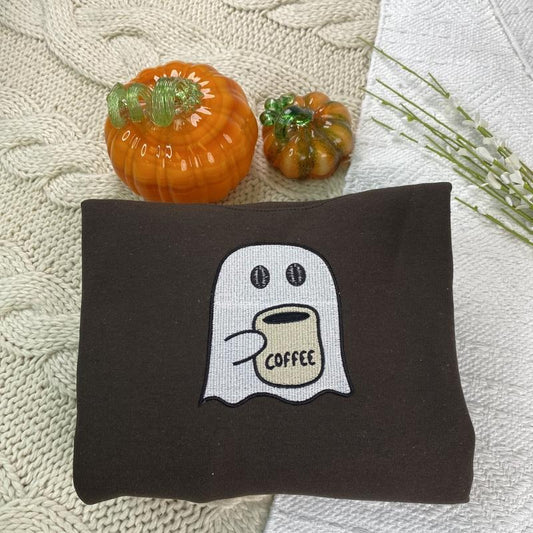 Embroidered Little Ghost Coffee Crewneck Sweatshirt - Spooky Season Crewneck - Coffee Lovers