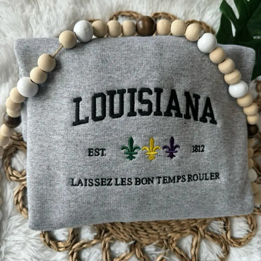 Embroidered Louisiana Sweatshirt, Mardi Gras Pullover, Louisiana Crewneck