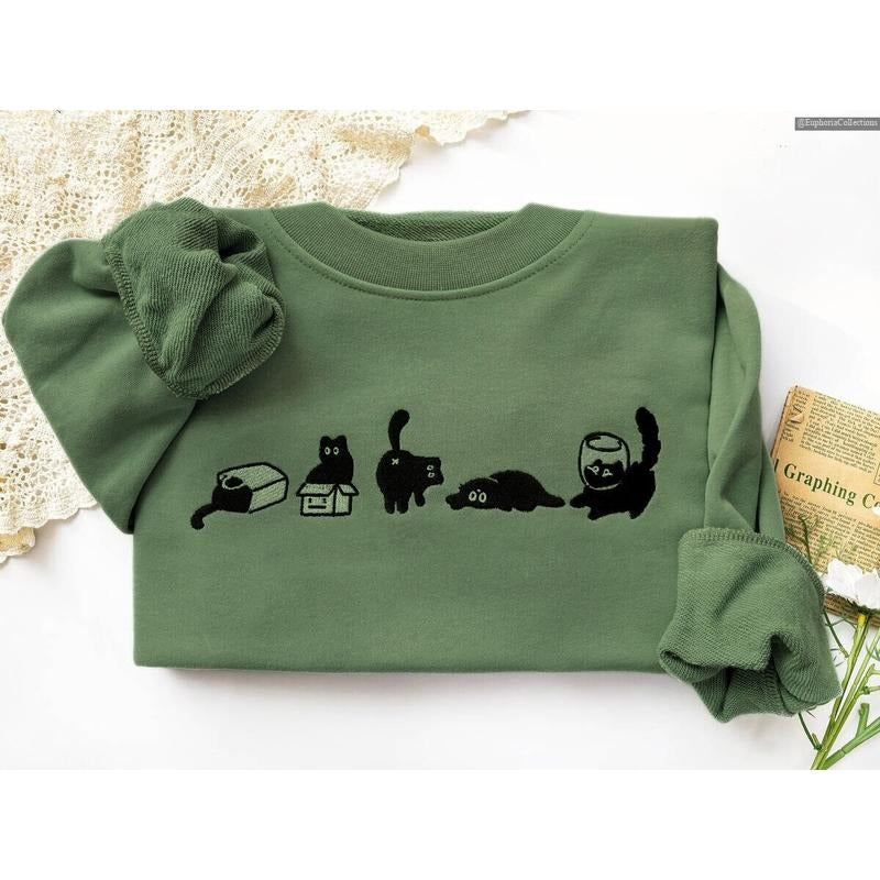 Embroidered Lovely Black Cat Sweatshirt, Hoodie, Tee, Cat Unisex Gifts for Cat Owners , Global Trending Outfits