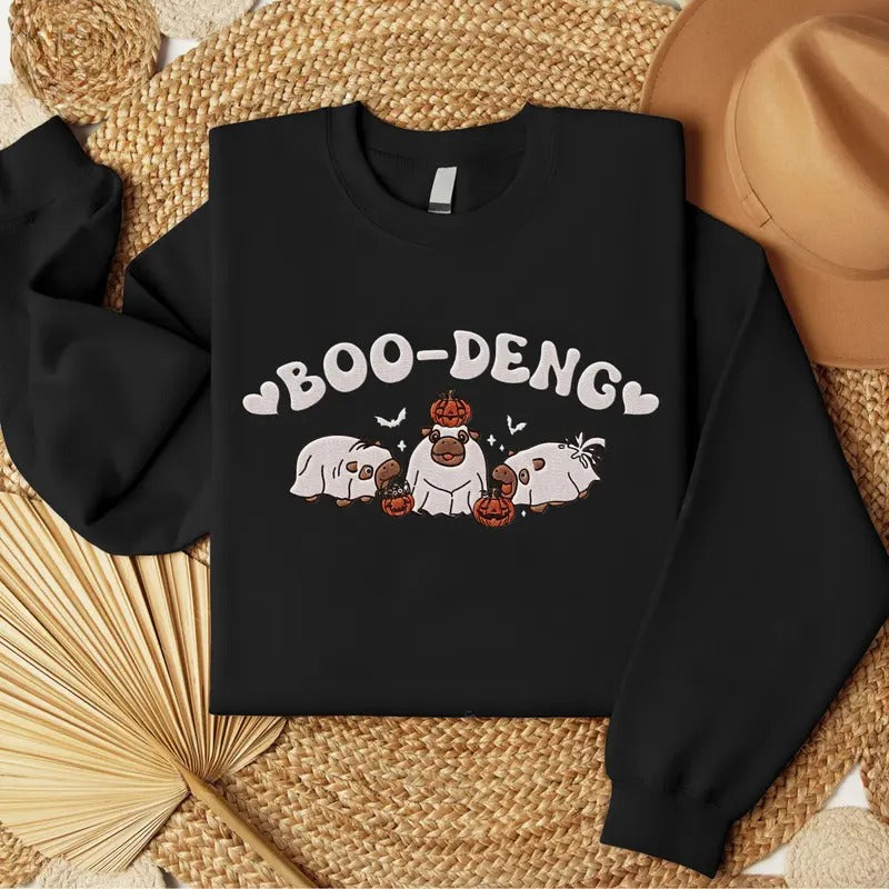 Embroidered Moo Deng T-shirt, Halloween Sweatshirt, Unisex Wear, Trendy Holiday Tee