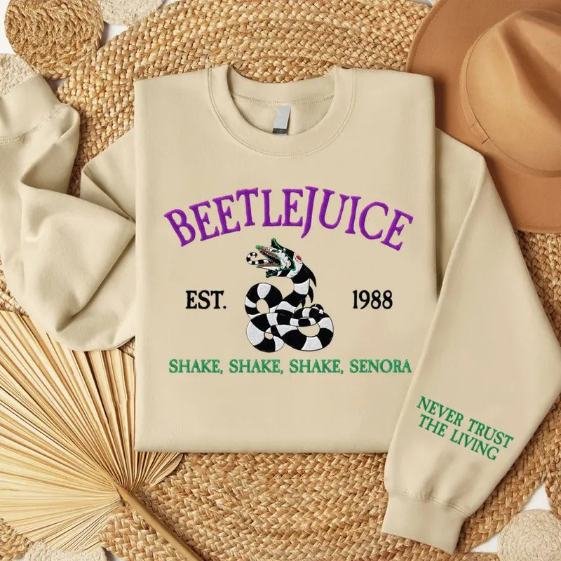 Embroidered Never Trust The Living Sweatshirt, BeetleJuice Halloween Embroidery Sweatshirt