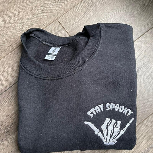 Embroidered Spooky Rock On Sweatshirt, Halloween Sweatshit, Spooky Crewneck