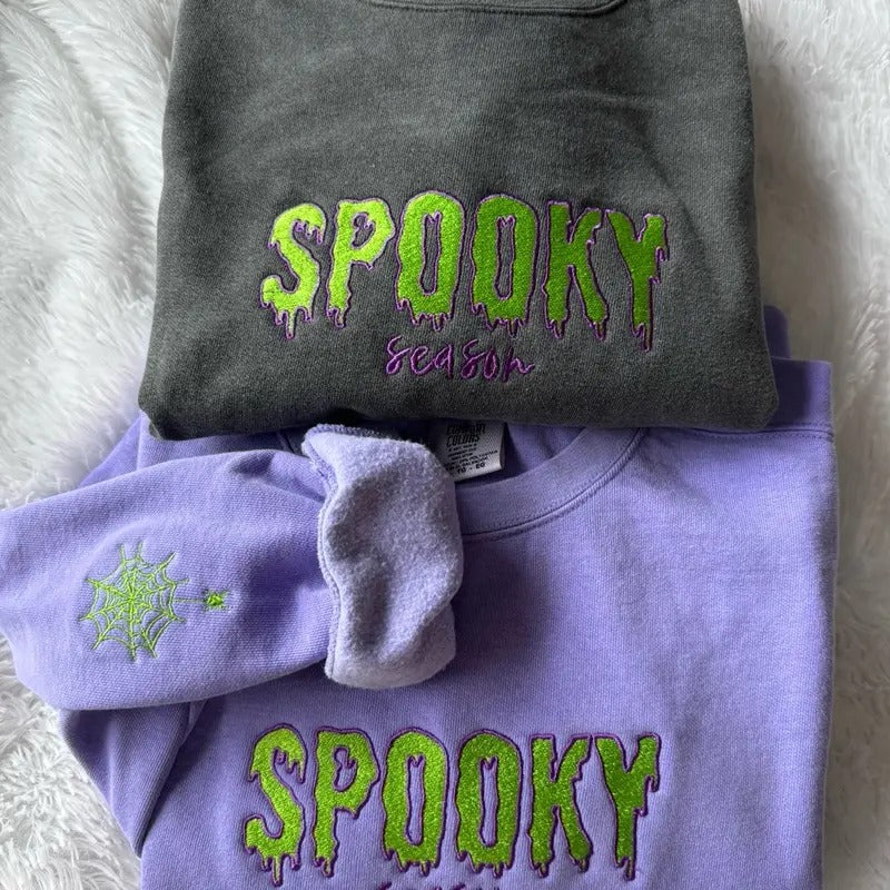 Embroidered Spooky Season LONG SLEEVE SHIRT, Halloween Shirt, Embroidered Sleeve