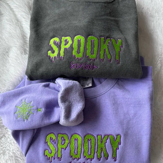 Embroidered Spooky Season LONG SLEEVE SHIRT, Halloween Shirt, Embroidered Sleeve