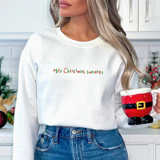Embroidered Ugly Christmas Sweater, Unisex Long Sleeve Crewneck Sweatshirt, Funny Winter Holiday Season Pullover Sweater, Gift For Xmas, Womenswear