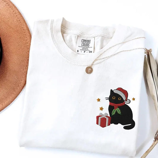 Embroidered Xmas Black Cat tshirt, Christmas comfort colors shirt, Holiday Cat crewneck for Women, Funny gift for cat lover, Gift for wife