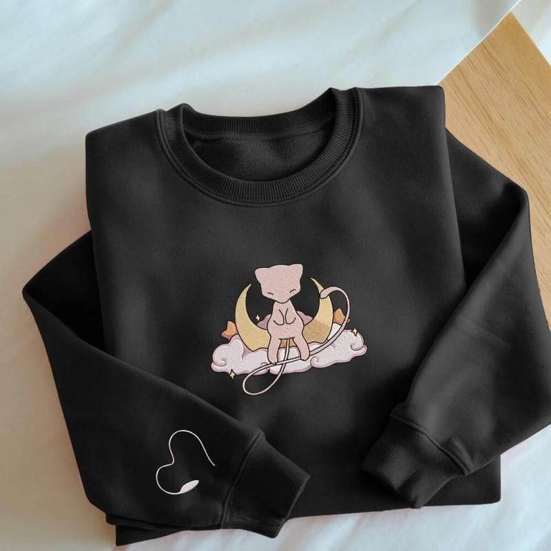Embroidery Mew Sweatshirt, Mew Moon on the Cloud, Embroidery Anime Tshirt, Pokemon University, Unisex Shirt