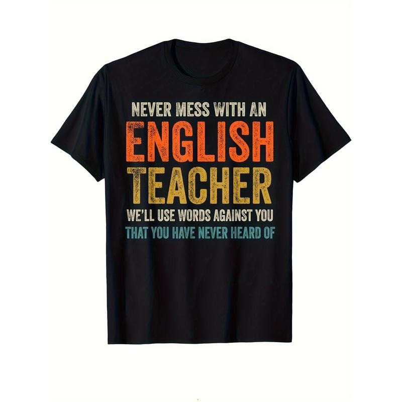 English Teacher Print, Men's Cotton T-shirt, Funny Graphic Tee Men's Outdoor Clothes, Men's Clothing, Back To School Casual Short Sleeve Crew Neck T-shirt made in usastyle{n002}9