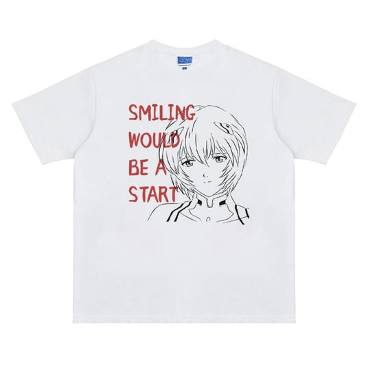 Eva "A Smile Is the Beginning" Vintage Oversized Tee Anime T-shirt 100% Cotton Original Design Men's Top Streetwear Casual Menswear Tshirt