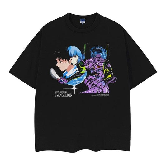 Evangelion "Shinji Ikari & Rei Ayanami" Vintage Oversized Tee Anime T-shirt 100% Cotton Original Design Men's Top Streetwear Casual Baggy Crewneck