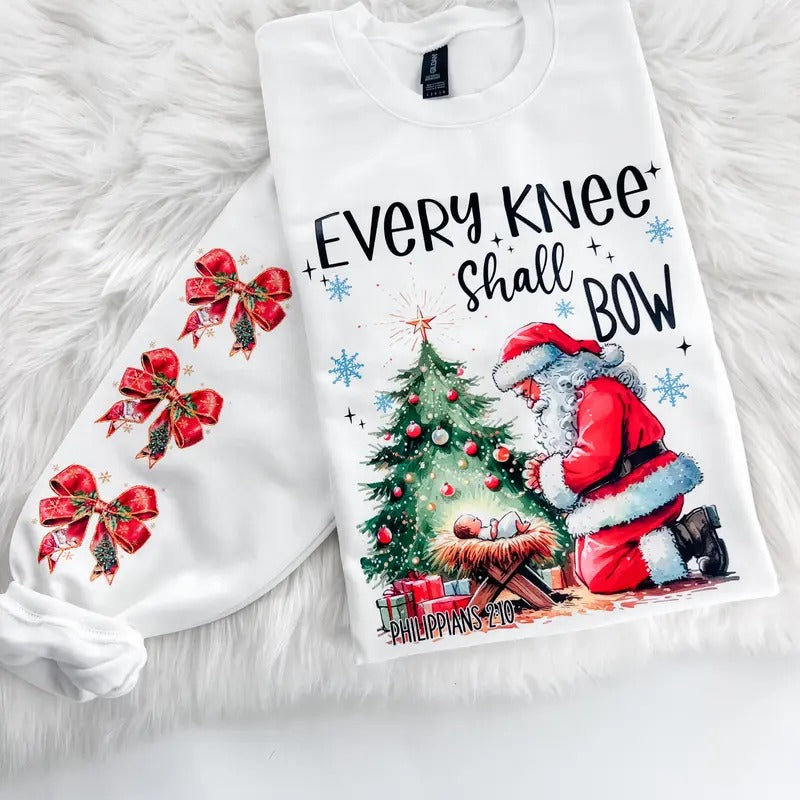 Every Knee Shall Bow Baby Jesus Santa Sweatshirt or Hoodie with sleeve print Comfy Sublimation Tops Menswear Unisex Oversized Pullover