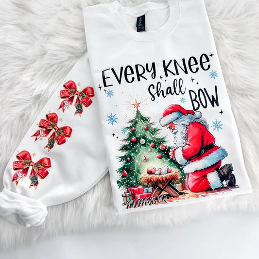 Every Knee Shall Bow Baby Jesus Santa Sweatshirt or Hoodie with sleeve print Comfy Sublimation Tops Menswear Unisex Oversized Pullover