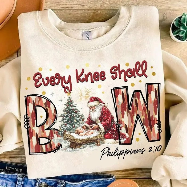 Every Knee Shall Bow sweatshirt,hoodie,tshirt, sublimation, Nativity Scene shirt, Santa Christmas hoodie, Christmas Shirt, Kneeling Santa